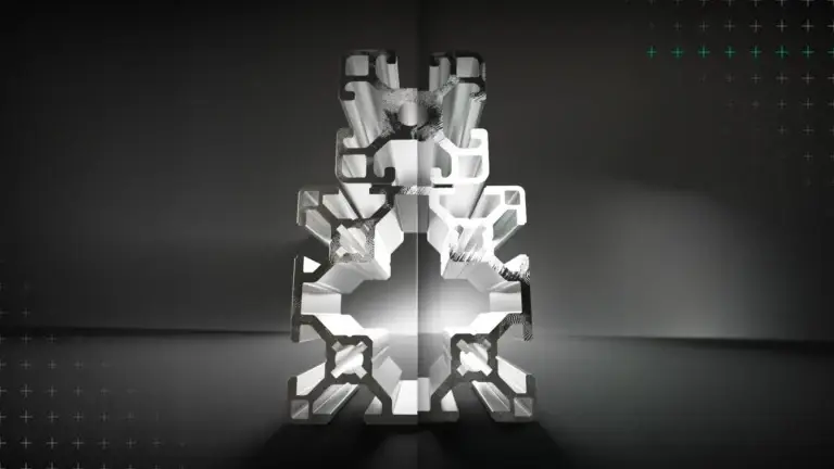 Twee doorgezaagde aluminium profielen op elkaar, een kleine op een grote.