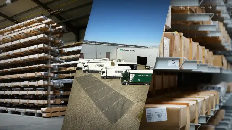 Die aktuelle Lage der Aluminiumbranche- Das Bild ist dreigeteilt und zeigt Bunde mit Aluminiumprofilen im Lager sowie LKW von mejo.