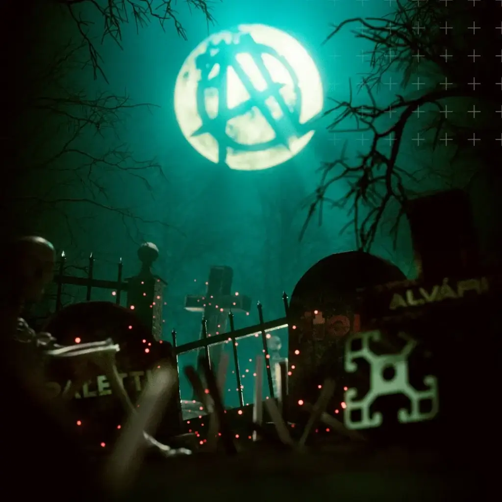 Ein Friedhof, über dem der Mond scheint mit ALnarchy® Logo