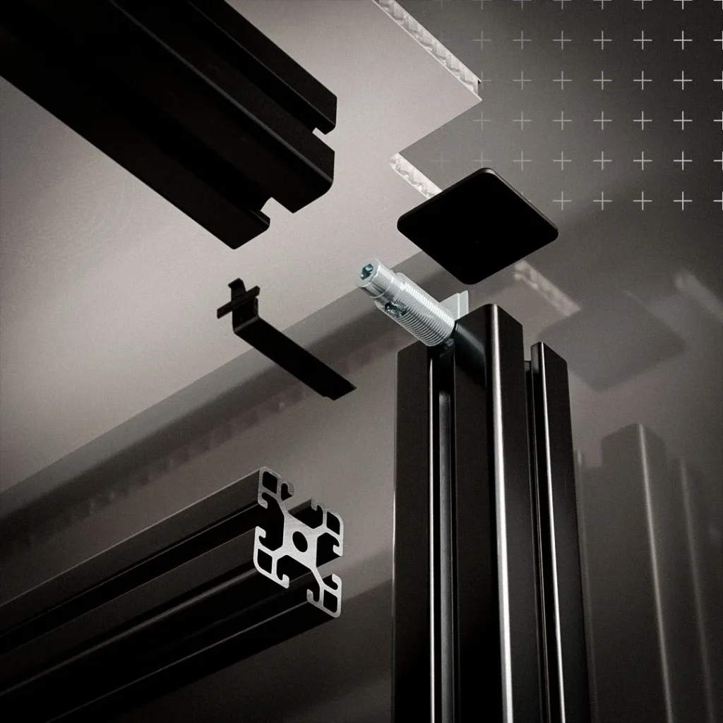 Aluminiumprofile, Zubehör und Verbundplatten für ein Regal im Industrial Look